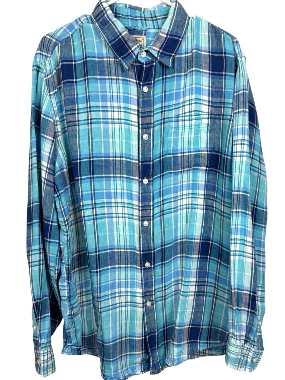 LL Bean Mens Linen Button Up Shirt L Blue Plaid Long Sleeve Slightly Fitted